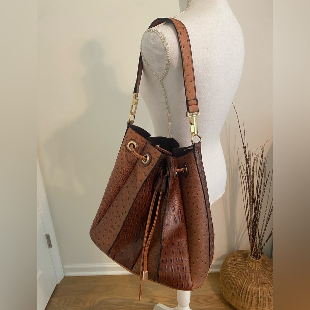 Brown Textured Drawstring Shoulder Bag
